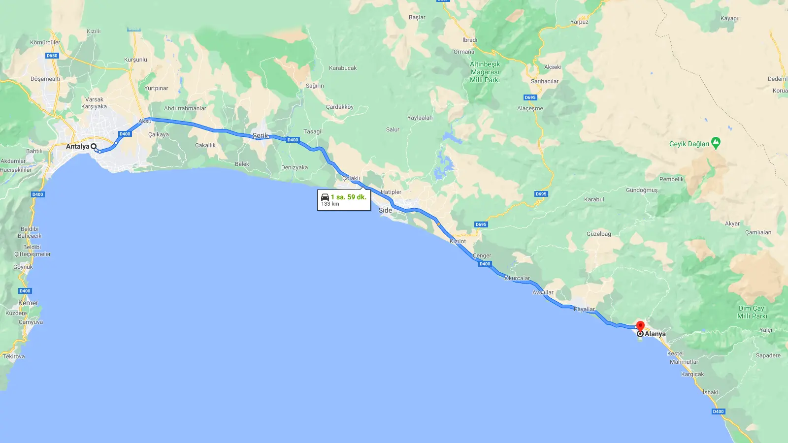Antalya Alanya google haritalar ekran alıntısı