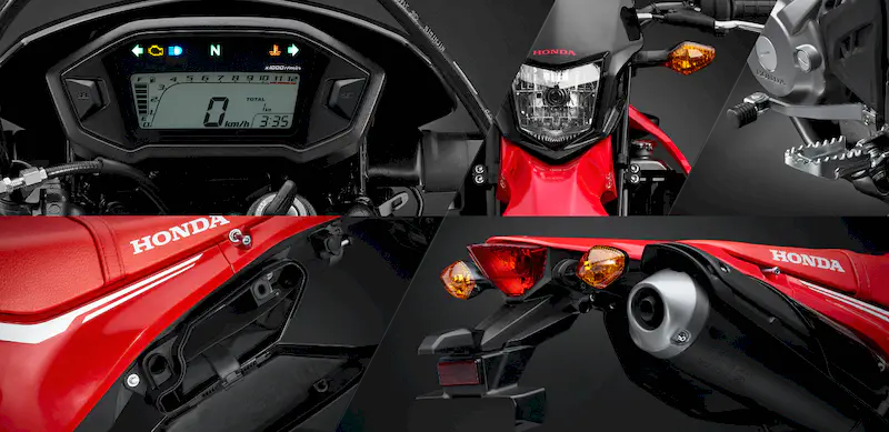 Honda CRF250M, kırmızı, gösterge, kuyruk, ön far kolaj