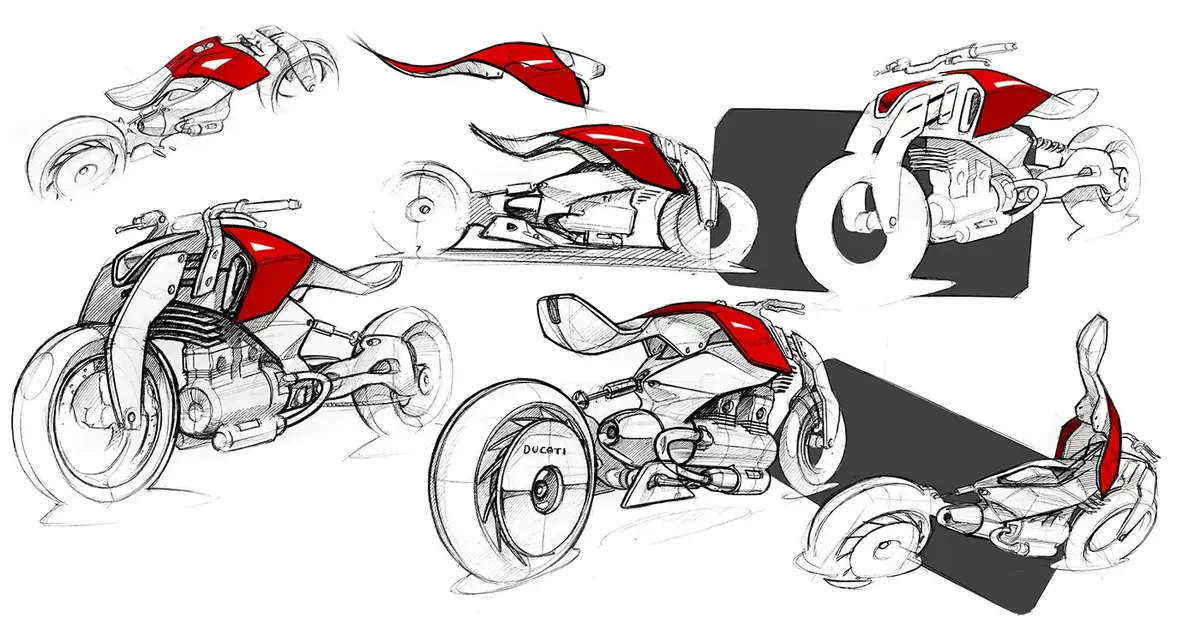 Ducati Ghost kırmızı, gövde ayrıntıları, teknik çizim
