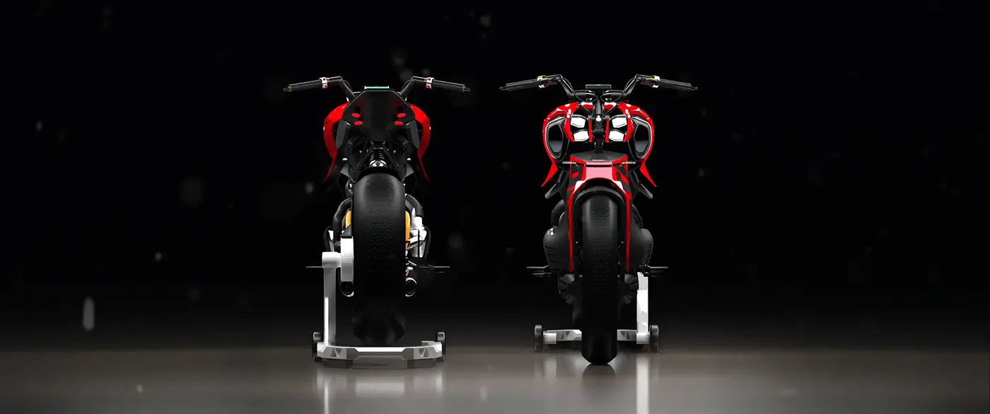 Ducati Ghost kırmızı, ön ve arkadan yan yana, geniş format