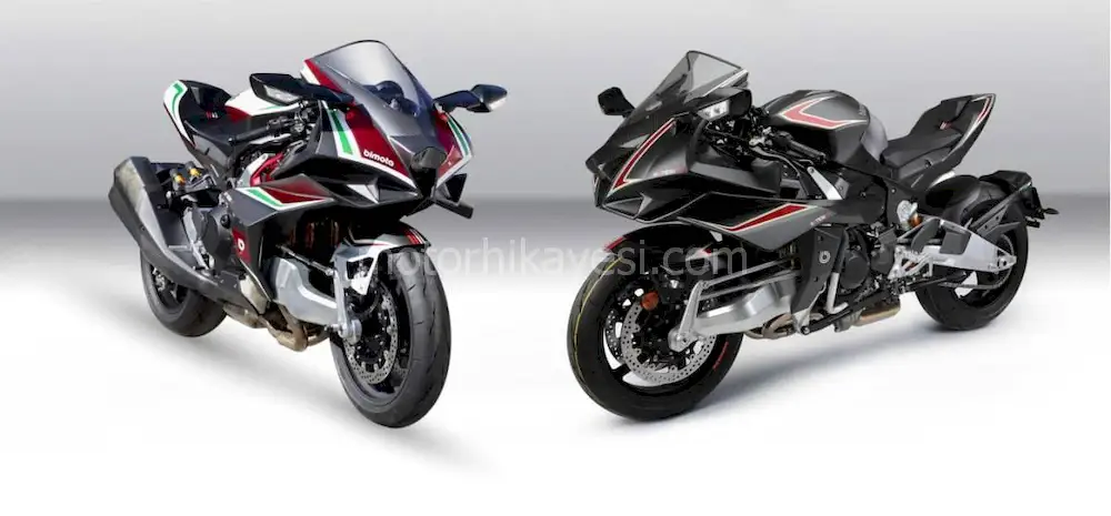 Bimota Tesi H2 yorum, siyah ve Tricolore yan yana